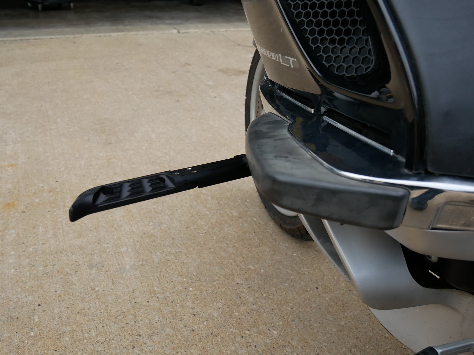 Sleek design of BMW motorcycle highway pegs for BMW K1200LT.