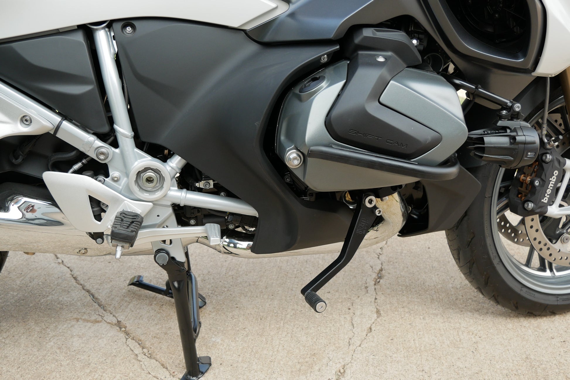 Sleek BMW motorcycle highway pegs. BMW R1250 GS highway peg foot rest.