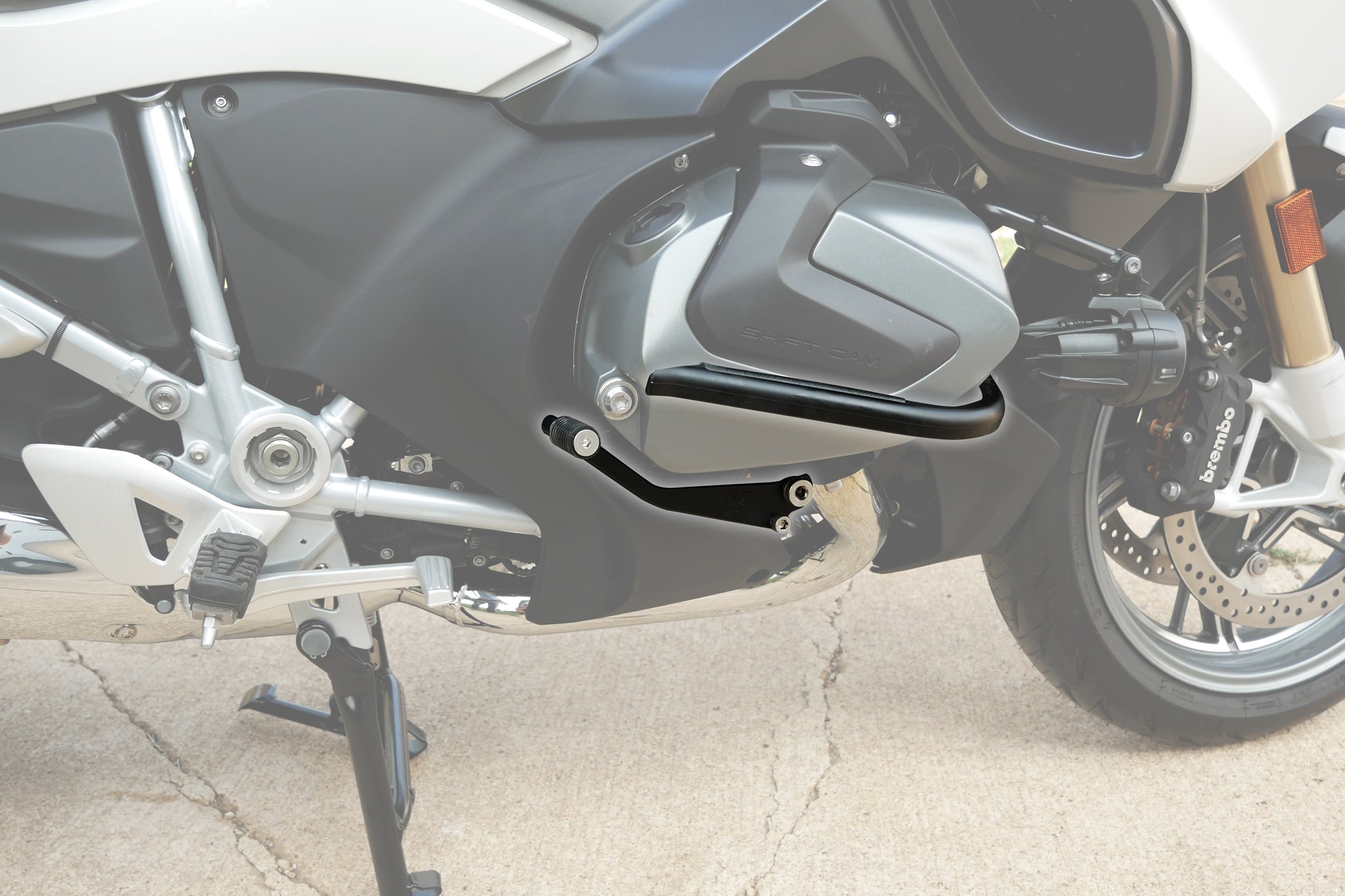 Sleek design of BMW motorcycle highway pegs for BMW R1250RS.